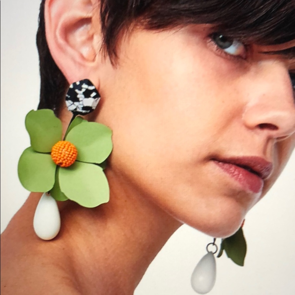 Green white yellow  floral large earrings